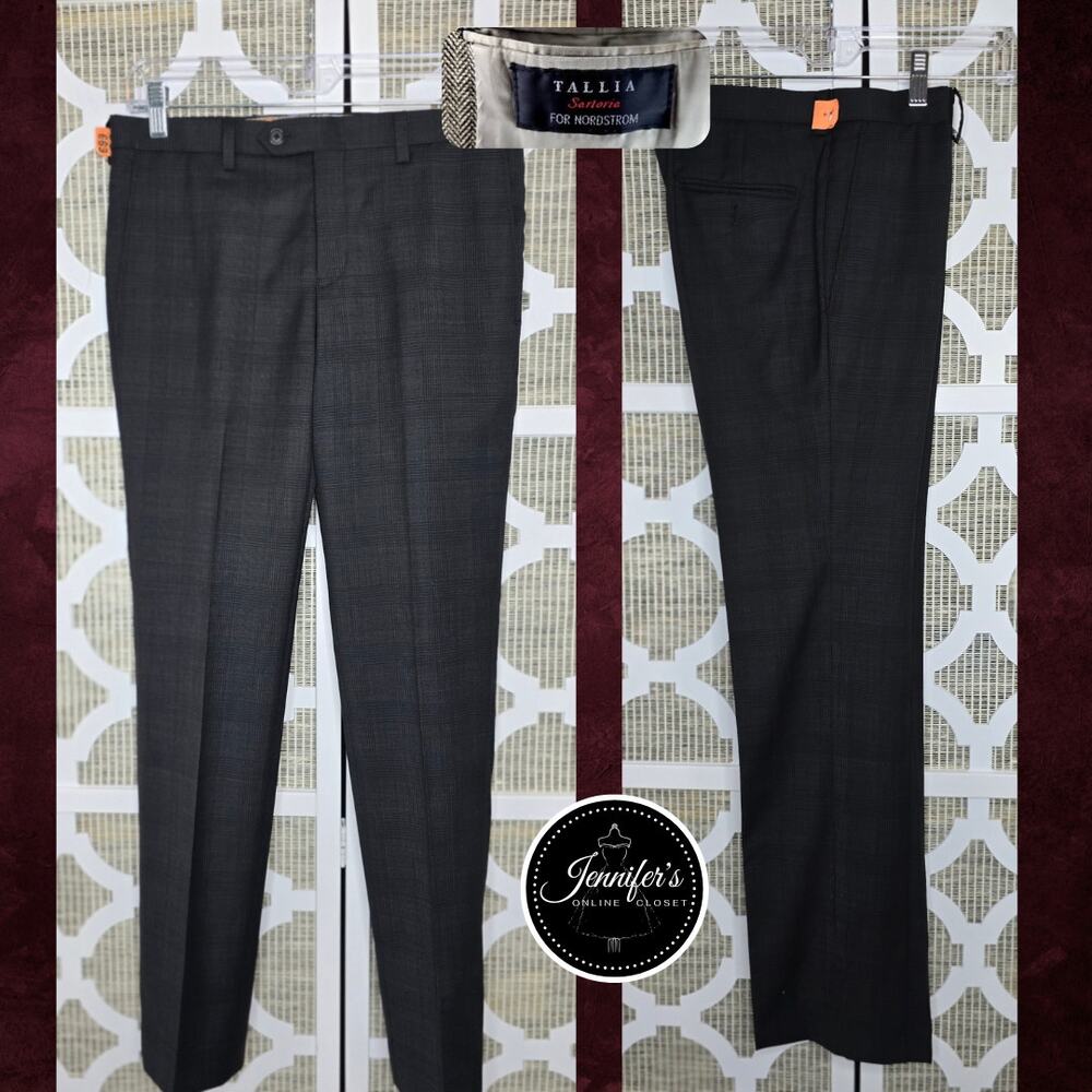 Tallia Nordstrom Boys Charcoal Plaid Wool Natural Stretch Dress Pants Size 16